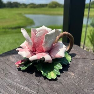 Italian Pottery Capodimonte Rose Petal Candle Holder Blue Mark Italy 1925+